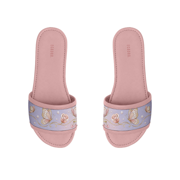 Pair of pink ECADRA Rose Drift Slides with a lavender canvas strap featuring a delicate butterfly, rose, and cherry print.