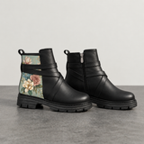 Pair of Street Mode black ankle boots with vintage floral panel, product shot on plain background