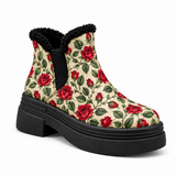 Full profile view of cream ECADRA Puffer Boots with red rose floral pattern and black fleece lining on white background.