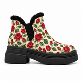 Side view of cream ECADRA Puffer Boots with red rose print, black fleece trim, elastic side panel, and chunky black platform sole.