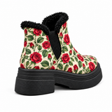 Back angle view of red rose floral of ECADRA Puffer Boots showing the black chunky platform sole and fleece-lined collar detail.