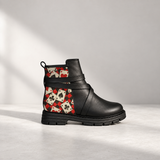 ECADRA Street Mode black chunky boot with red and black playing cards panel, side view on plain studio background