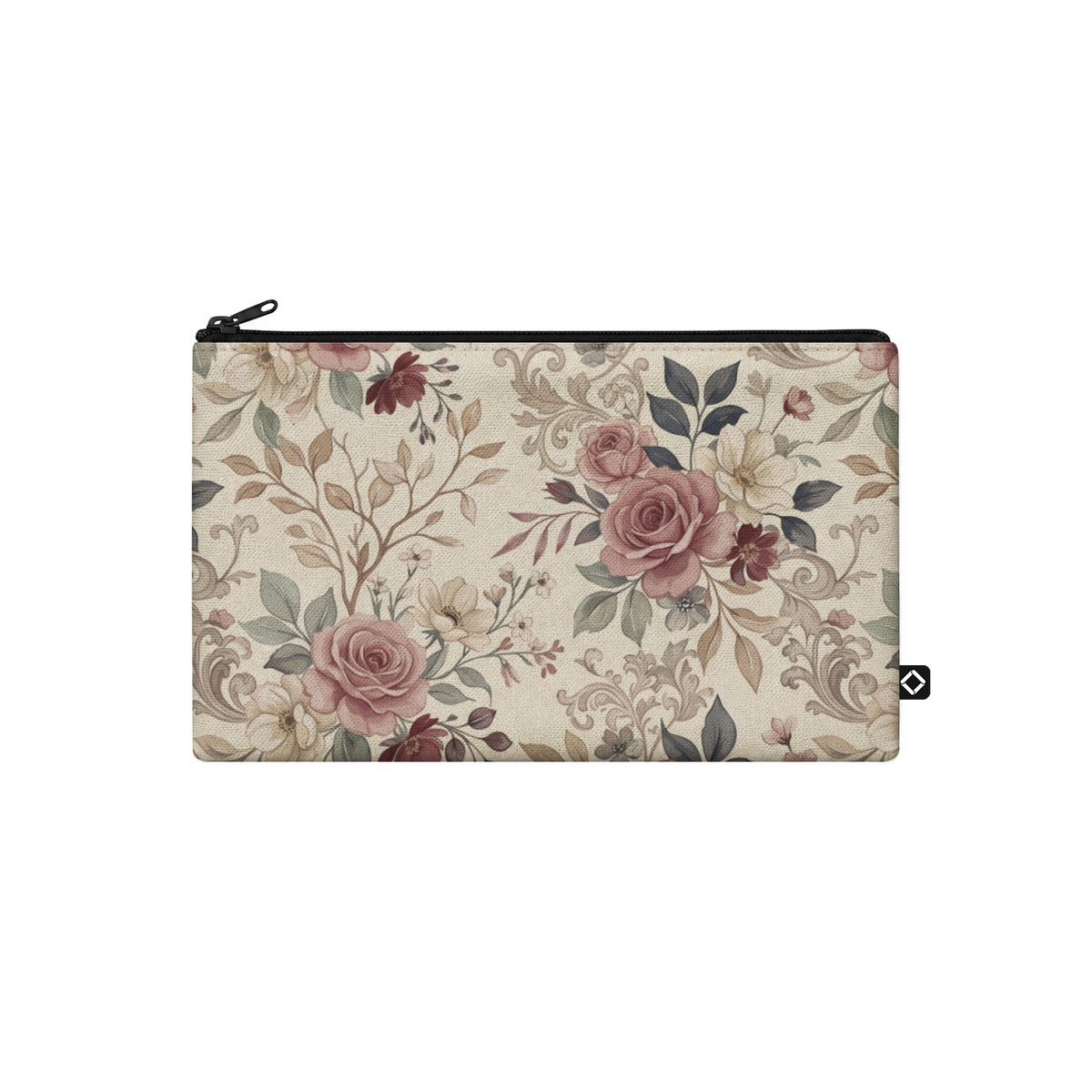 ECADRA canvas pouch featuring a vintage rose and baroque floral print on a beige background with a black zipper closure.