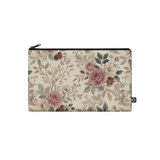 ECADRA canvas pouch featuring a vintage rose and baroque floral print on a beige background with a black zipper closure.