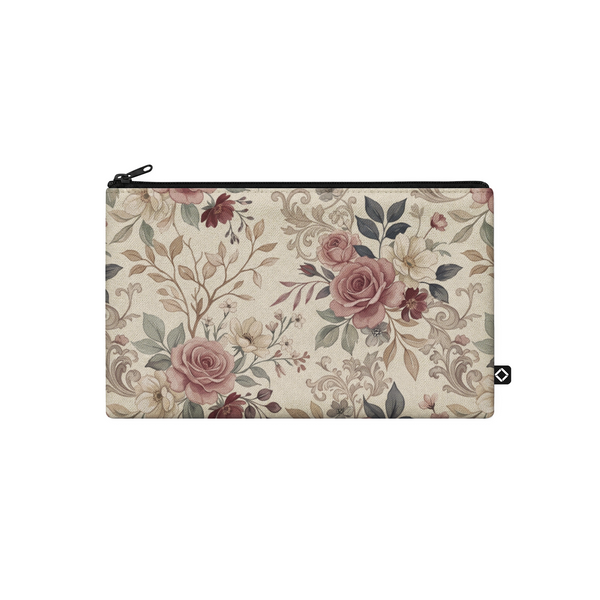 ECADRA canvas pouch featuring a vintage rose and baroque floral print on a beige background with a black zipper closure.