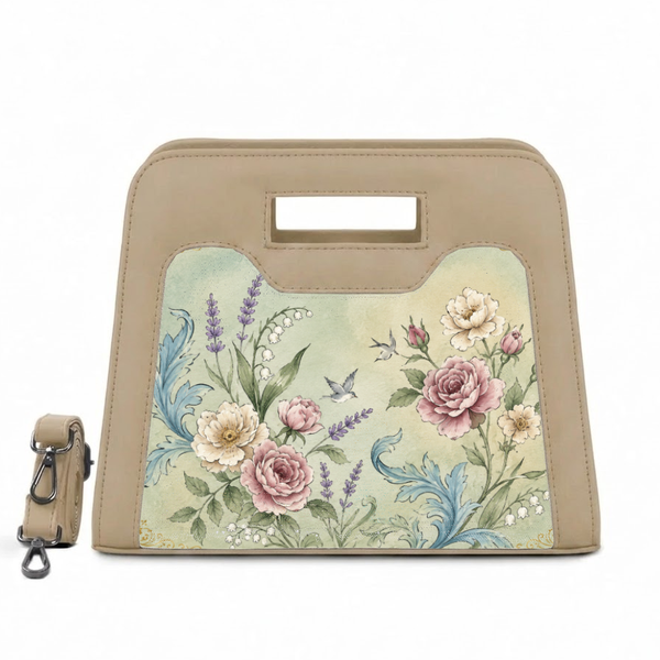 Beige structured Chic Peek handbag featuring vintage botanical floral print and detachable shoulder strap on white background.