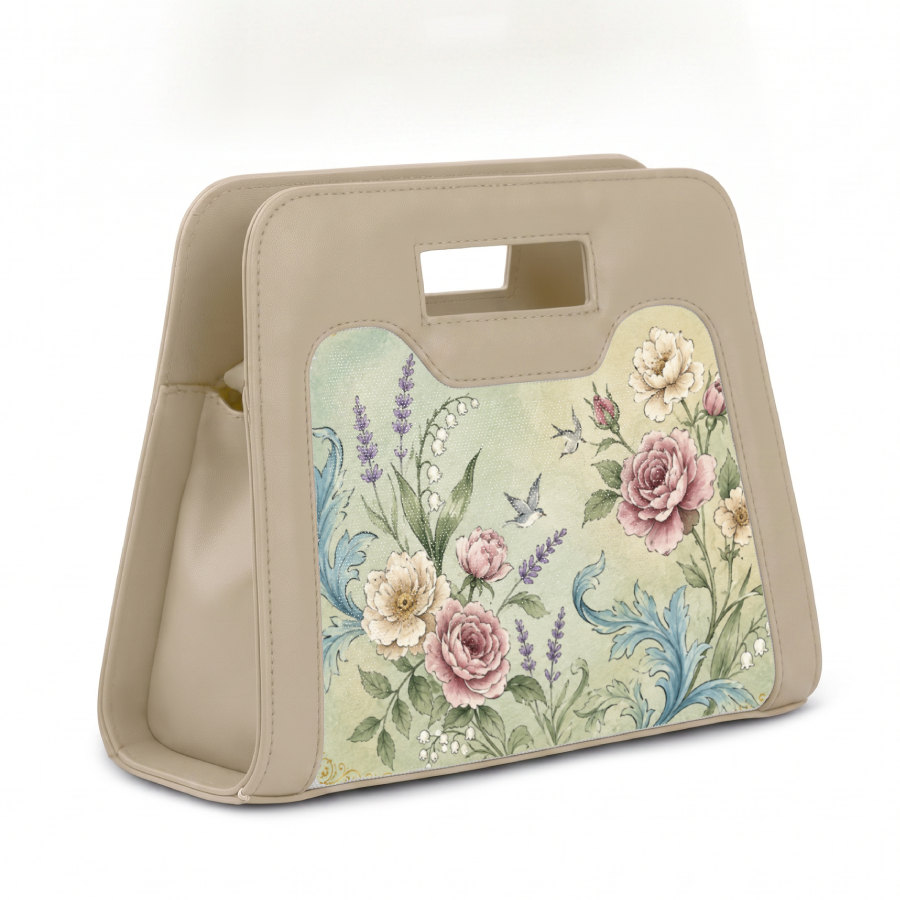 Beige structured Chic Peek handbag featuring vintage botanical floral print and detachable shoulder strap on white background.