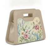 Beige structured Chic Peek handbag featuring vintage botanical floral print and detachable shoulder strap on white background.