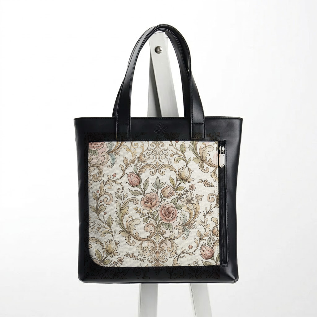Leather Totebag Elegant Victorian Rose Damask Antique Pattern - 1