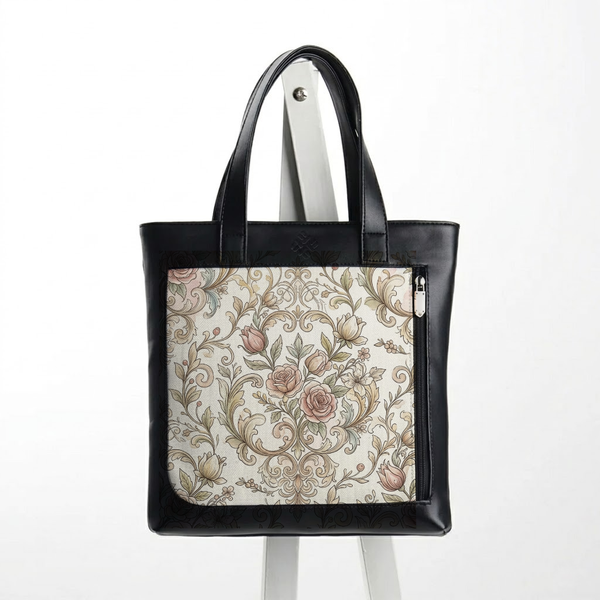 Leather Totebag Elegant Victorian Rose Damask Antique Pattern - 1