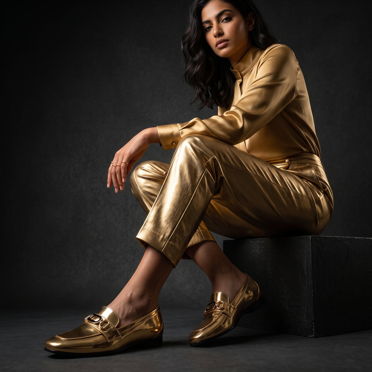 Full lifestyle shot of model sitting on a block wearing metallic gold trousers and shoes.