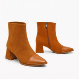 Havana tan brown suede cap-toe booties with smooth leather tip and block heel.