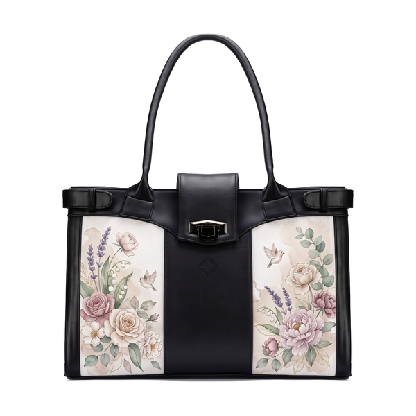 Black double handle bag featuring heritage botanical watercolor print with roses, lavender, and songbirds