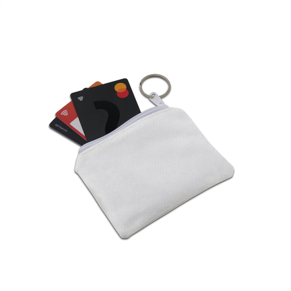 White pouch with key ring holding three cards on a white background