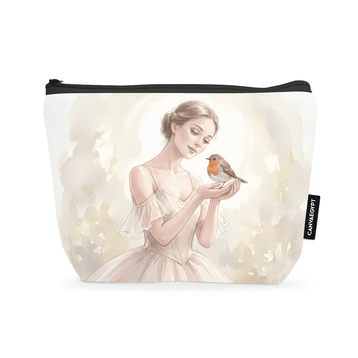 Makeup pouch with watercolor illustration of a ballerina holding a robin bird