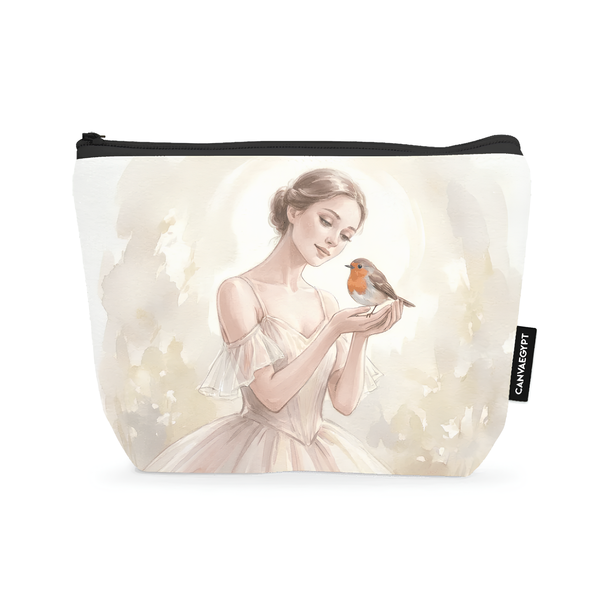 Makeup pouch with watercolor illustration of a ballerina holding a robin bird