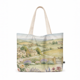 Maxi Tote Bag featuring a vintage English countryside watercolor print with off-white handles on a white background.