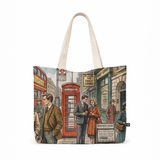 Maxi Tote Bag featuring a vintage London street illustration with red double-decker bus and red phone booth on canvas.