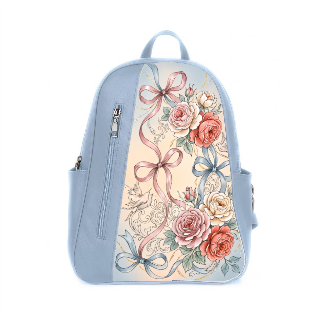 Light blue ECADRA Mixed Backpack featuring a canvas front with a vintage rose, ribbon bow, and bird print, complete with a vertical front zipper.