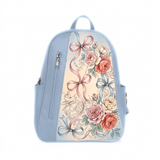 Light blue ECADRA Mixed Backpack featuring a canvas front with a vintage rose, ribbon bow, and bird print, complete with a vertical front zipper.