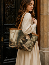 Model carrying wide tote bag with Victorian lady at vanity illustration, styled outdoors