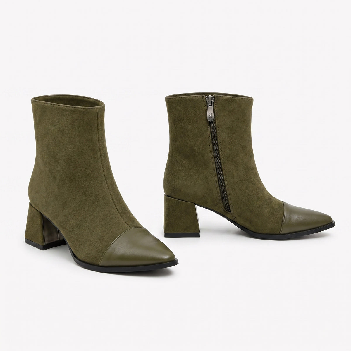Olive green suede cap-toe ankle boots with comfortable block heel and side zip detail.