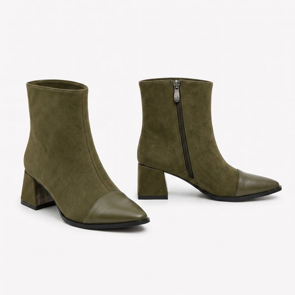 Olive green suede cap-toe ankle boots with comfortable block heel and side zip detail.