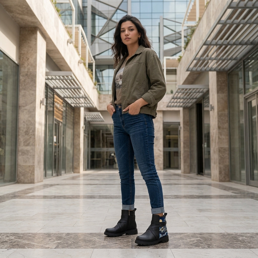 Woman standing in ECADRA Street Mode Nautical Moonlit ankle boots with jeans and olive jacket in modern plaza