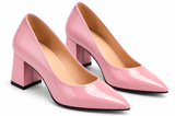 Pair of ECADRA pink patent leather block heel pumps 