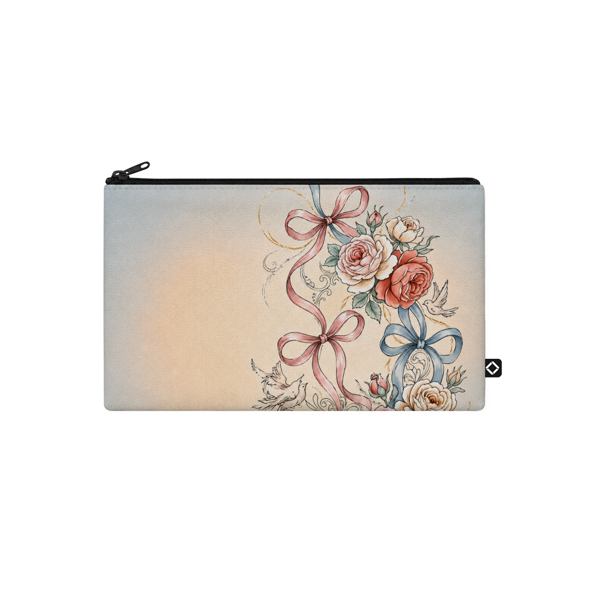 ECADRA canvas pouch featuring a gradient background with a vintage rose, ribbon bow, and bird print, complete with a black zipper closure.