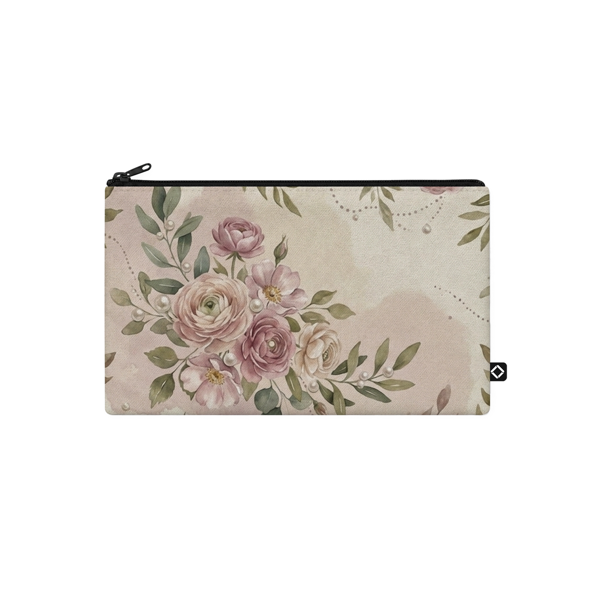 ECADRA canvas pouch featuring a soft blush watercolor rose and pearl print on a creamy background with a black zipper closure.