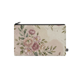 ECADRA canvas pouch featuring a soft blush watercolor rose and pearl print on a creamy background with a black zipper closure.