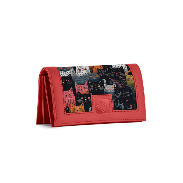 Red Sleek Elegance Fold Wallet in Playful Cat Parade Style - 1