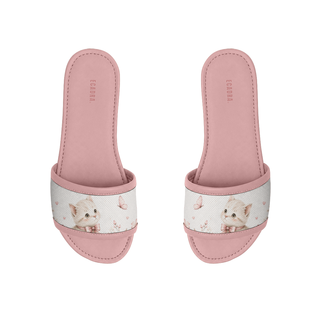 Rose Drift Slides Cute Kitten Print with Soft Floral