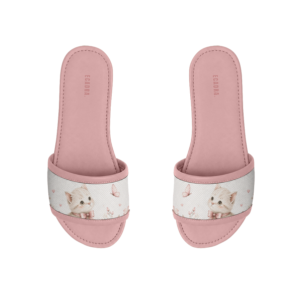 Rose Drift Slides Cute Kitten Print with Soft Floral