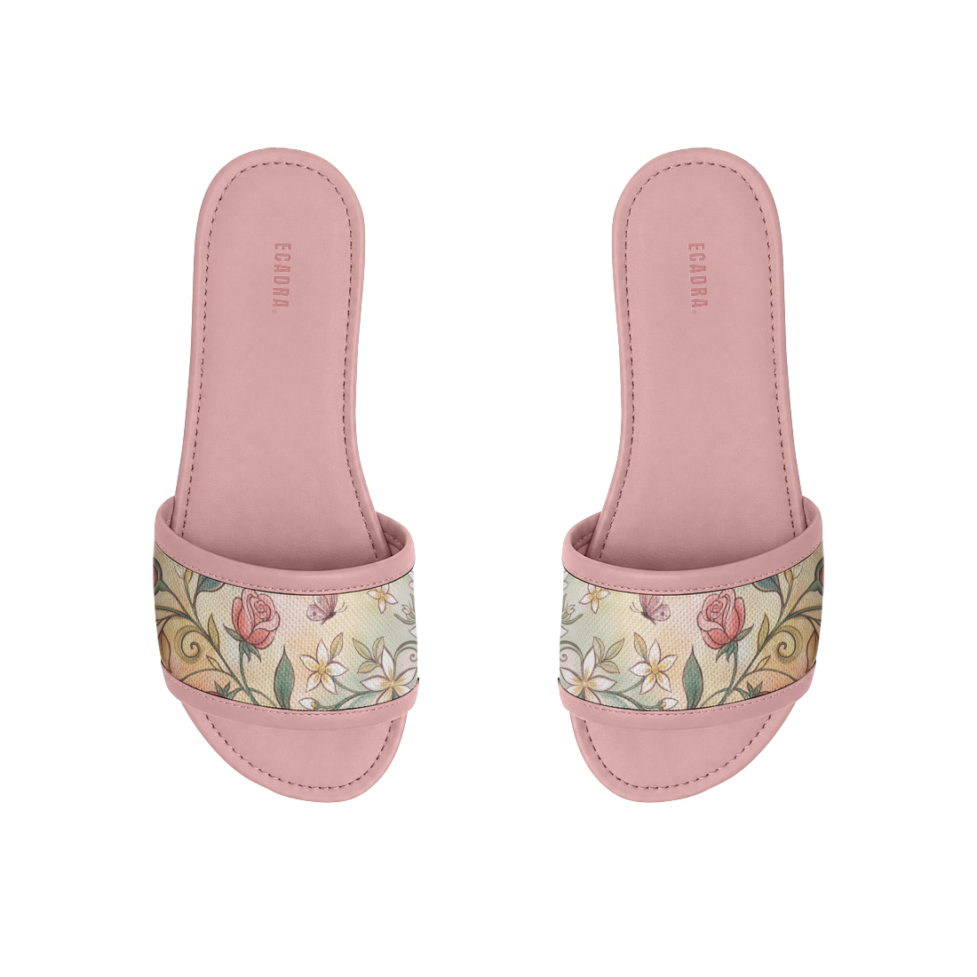 Pair of pink ECADRA Rose Drift Slides featuring a canvas strap with a warm golden vintage floral, vine, and butterfly print.