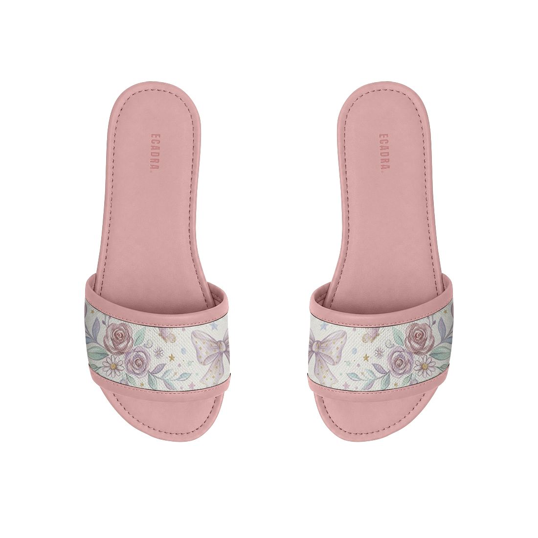 Pair of pink ECADRA Rose Drift Slides featuring a canvas strap with a dreamy lilac bow, vintage purple roses, and soft stars.