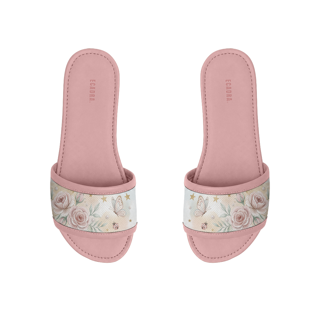 air of pink ECADRA Rose Drift Slides featuring the Starlit Rose canvas strap with vintage florals, butterflies, and gold stars.