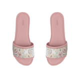 air of pink ECADRA Rose Drift Slides featuring the Starlit Rose canvas strap with vintage florals, butterflies, and gold stars.