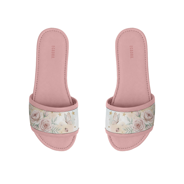 air of pink ECADRA Rose Drift Slides featuring the Starlit Rose canvas strap with vintage florals, butterflies, and gold stars.