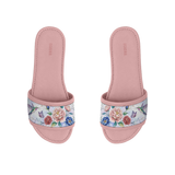Pair of pink ECADRA Rose Drift Slides featuring a canvas strap with a vibrant hummingbird, butterfly, and floral print.