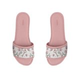 Pair of pink ECADRA Rose Drift Slides with a canvas strap featuring a vintage floral, butterfly, and heart key print.