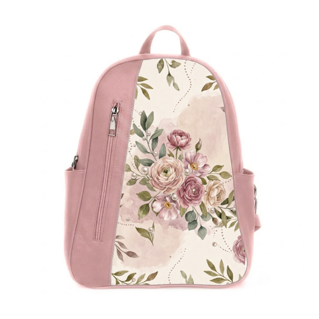 Pink ECADRA Mixed Backpack featuring a canvas front with a blush watercolor rose and pearl print and a vertical front zipper.