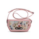 Pink ECADRA Rose Swag Crossbody with a canvas front featuring a vintage botanical floral and watercolor print.