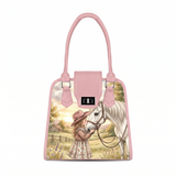 Front view of a pink ECADRA Metropolitan Charm Bag featuring a vintage storybook watercolor illustration of a girl and white horse.