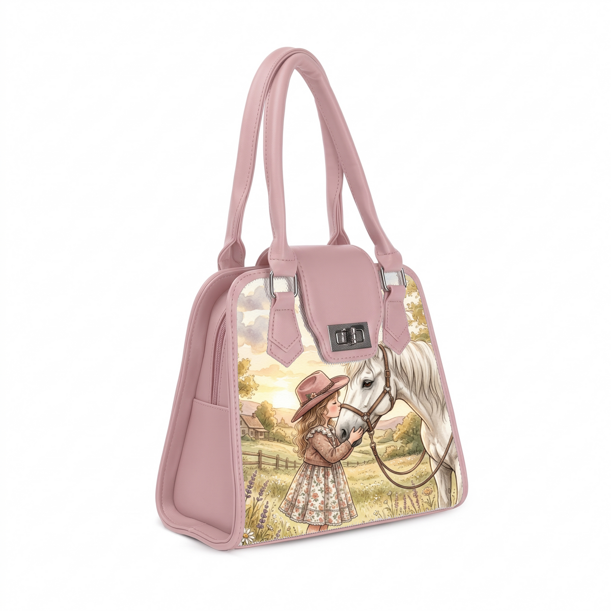 Angled view of a pink ECADRA Metropolitan Charm Bag with turn-lock closure and vintage cottagecore horse print on the front.