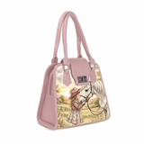 Angled view of a pink ECADRA Metropolitan Charm Bag with turn-lock closure and vintage cottagecore horse print on the front.