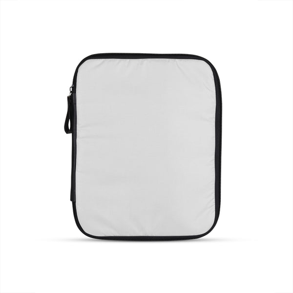 White pouch with a black zipper on a white background