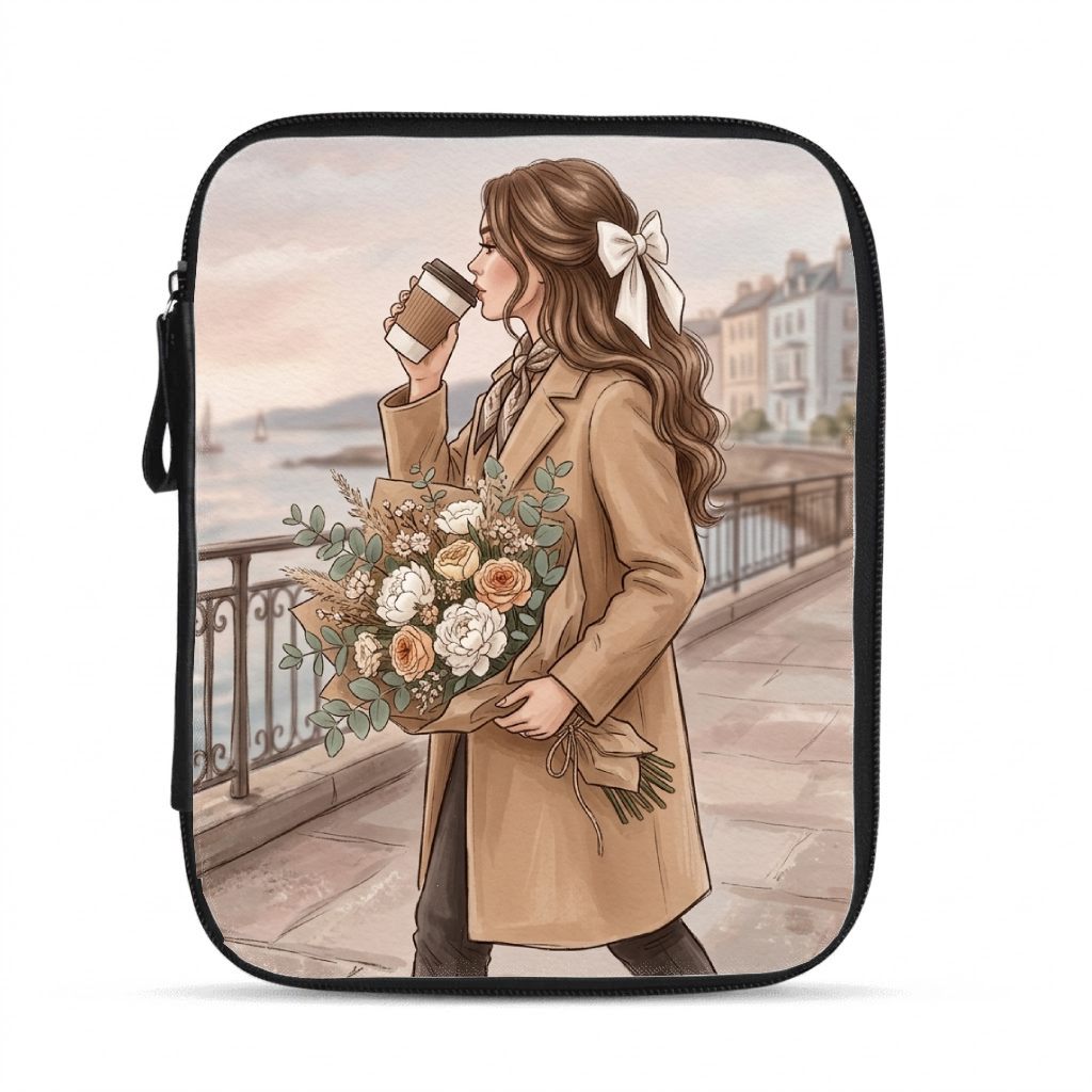 Coquette style tablet sleeve featuring a vintage romantic illustration of a woman sipping coffee and carrying flowers