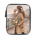 Coquette style tablet sleeve featuring a vintage romantic illustration of a woman sipping coffee and carrying flowers